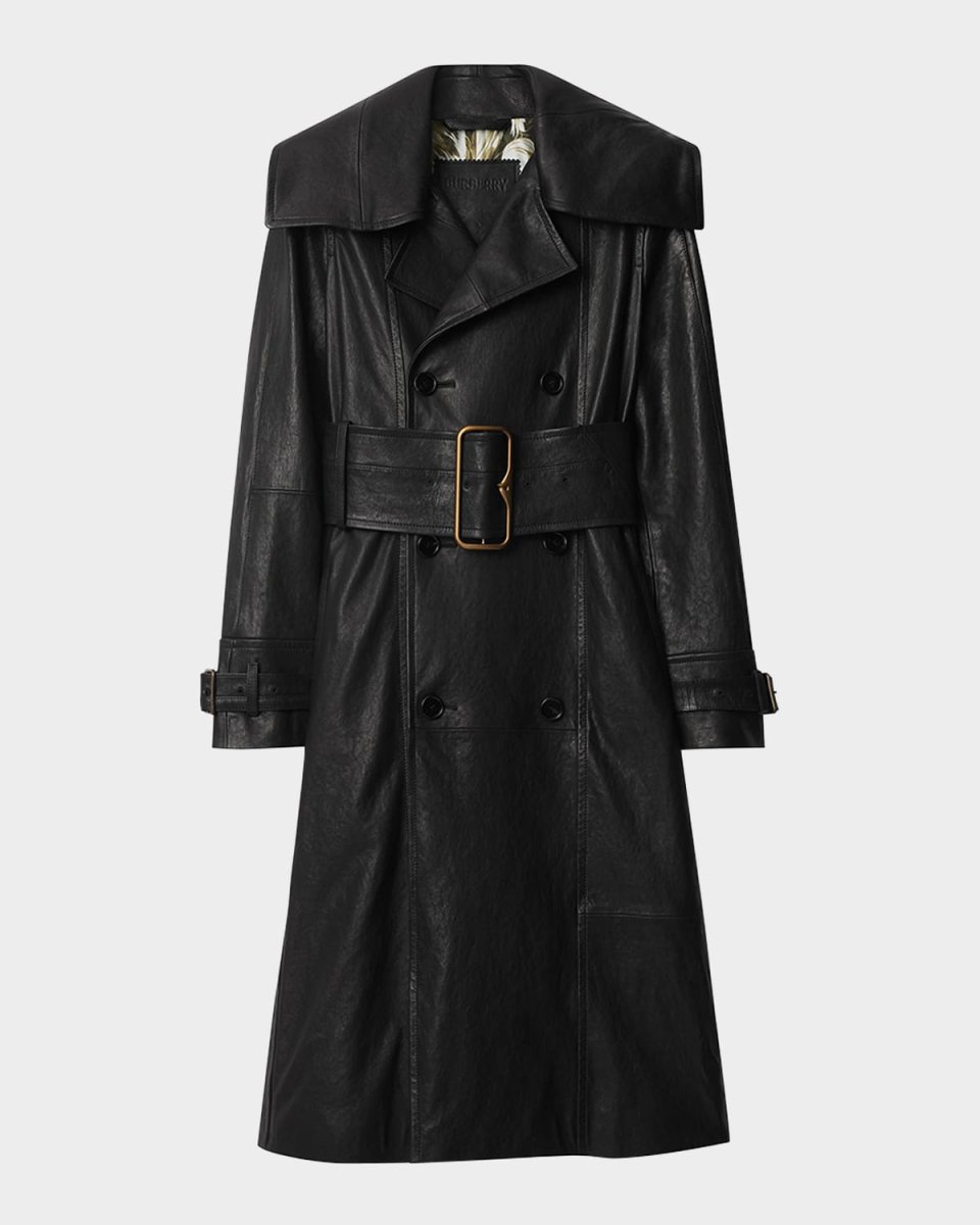 Long Double-Breasted Leather Belted Trench Coat